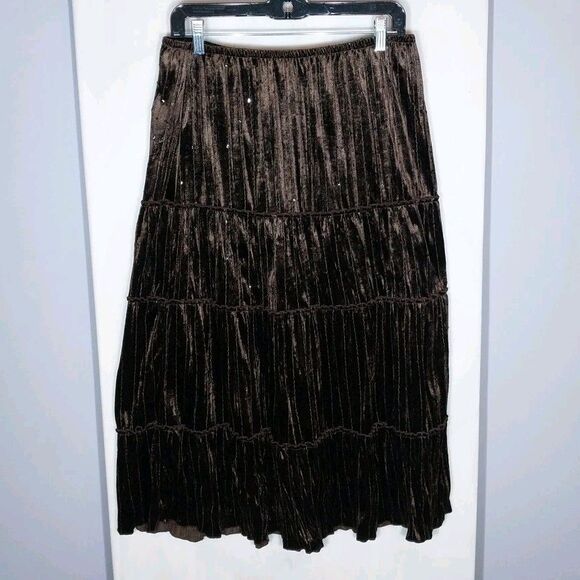 Central Park Maxi Skirt L Brown Velvet Tiered Sequins Boho Festival Whimsigoth - Picture 1 of 6